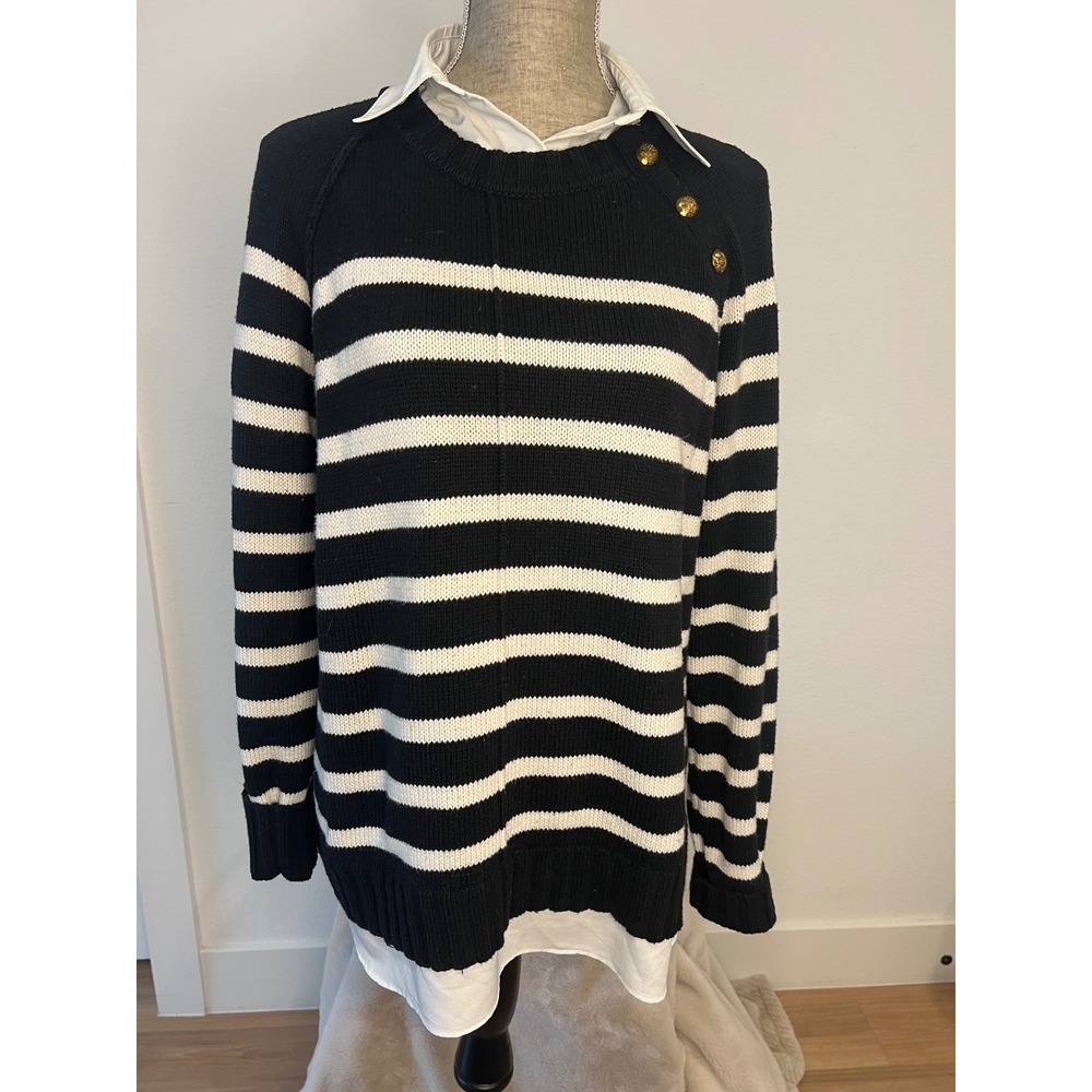 Lauren Ralph Lauren Sweater Womens Large Black White Striped Layered Gold Button